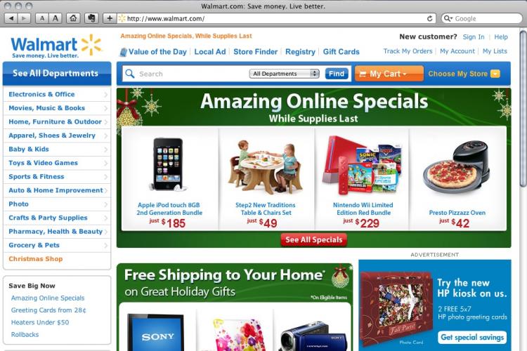 Walmart.com's homepage is seen on Nov. 11. Wal-Mart has announced holiday specials and free shipping two weeks prior to Thanksgiving to entice cash-strapped consumers. (The Epoch Times ) Walmart.com's homepage is seen on Nov. 11. Wal-Mart has announced holiday specials and free shipping two weeks prior to Thanksgiving to entice cash-strapped consumers. (The Epoch Times )