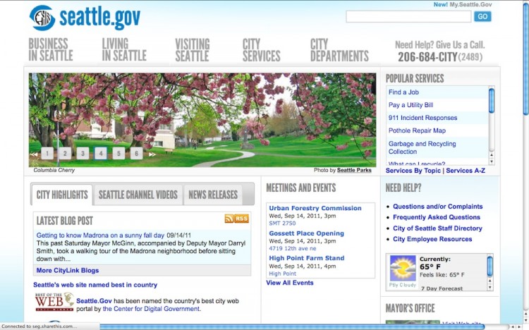 The Seattle.gov website which has earned the honor of Best of Web (BOW) for its official Web portal for a third time. (Screenshot from seattle.gov) The Seattle.gov website which has earned the honor of Best of Web (BOW) for its official Web portal for a third time. (Screenshot from seattle.gov)