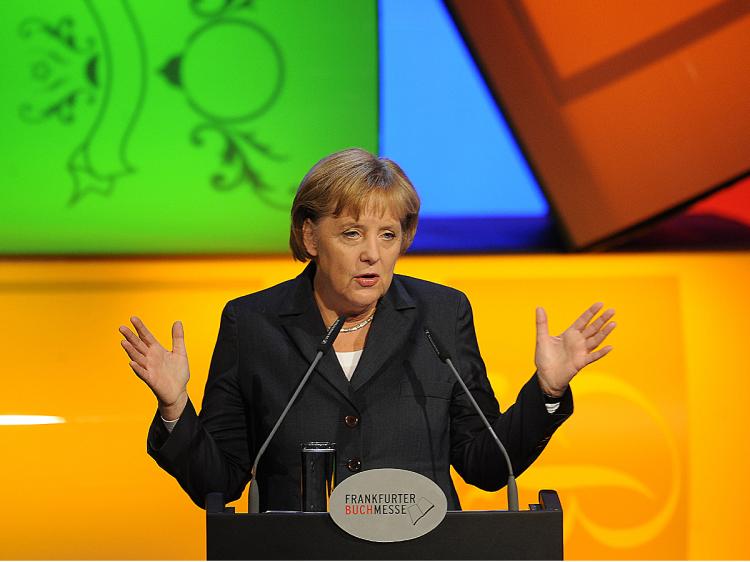 OPENING REMARKS: German Chancellor Angela Merkel addresses guests during the opening ceremony of the 61st Frankfurt Book Fair in Frankfurt October 13, 2009. (Torsten Silz/AFP/Getty Images)
