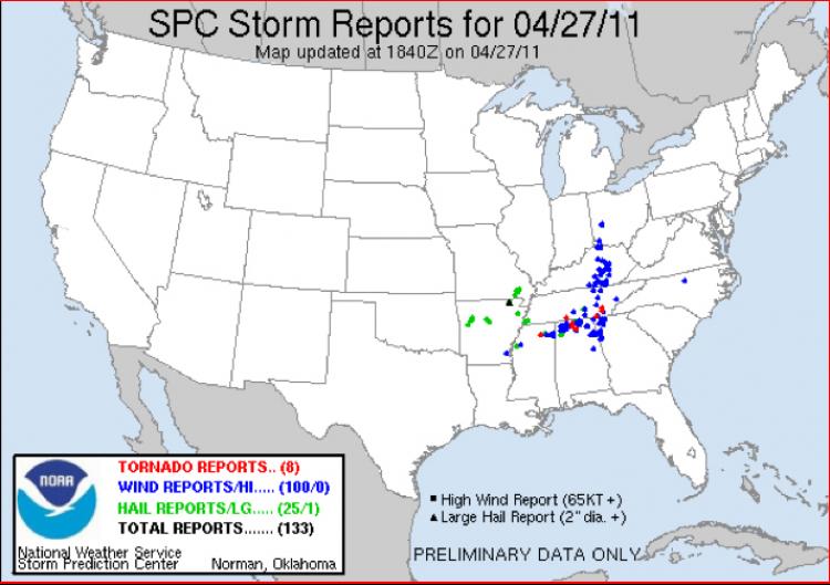 A Storm Prediction Center map showing reports of tornadoes (red), wind (blue), and hail (green) on Wednesday afternoon. (NOAA) A Storm Prediction Center map showing reports of tornadoes (red), wind (blue), and hail (green) on Wednesday afternoon. (NOAA)