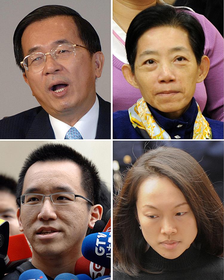Former Taiwanese president Chen Shui-bian (top L), his wife Wu Shu-chen (top R), his son Chen Chih-chung (bottom L) and daughter-in-law Huang Jui-ching (bottom R) (Patrick Lin/AFP/Getty Images) Former Taiwanese president Chen Shui-bian (top L), his wife Wu Shu-chen (top R), his son Chen Chih-chung (bottom L) and daughter-in-law Huang Jui-ching (bottom R) (Patrick Lin/AFP/Getty Images)