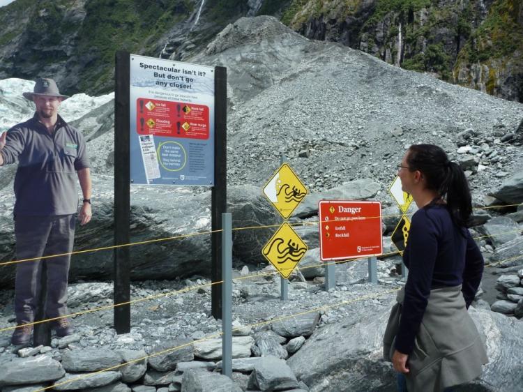 Following the death of two Australian tourists DOC has made its signs at Fox Glacier more conspicuous. (Department of Conservation) Following the death of two Australian tourists DOC has made its signs at Fox Glacier more conspicuous. (Department of Conservation)