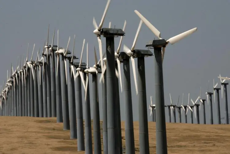 Rows of wind turbines at the Altamont Pass wind farm in Byron, Calif. (Justin Sullivan/Getty Images)