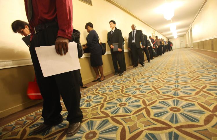 Job seekers line up to attend the Diversity Job Fair at the Hotel Pennsylvania September 29, 2010 in New York City. More than 600 applicants were expected to attend as unemployment remains high throughout the country.  (Mario Tama/Getty Images)