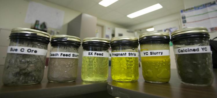 Samples of the six major steps in the uranium refining process, from ore to yellowcake, pictured at Areva Resources, a French mining company pursuing fresh uranium supplies in Canada. (David Boily/AFP/Getty Images)