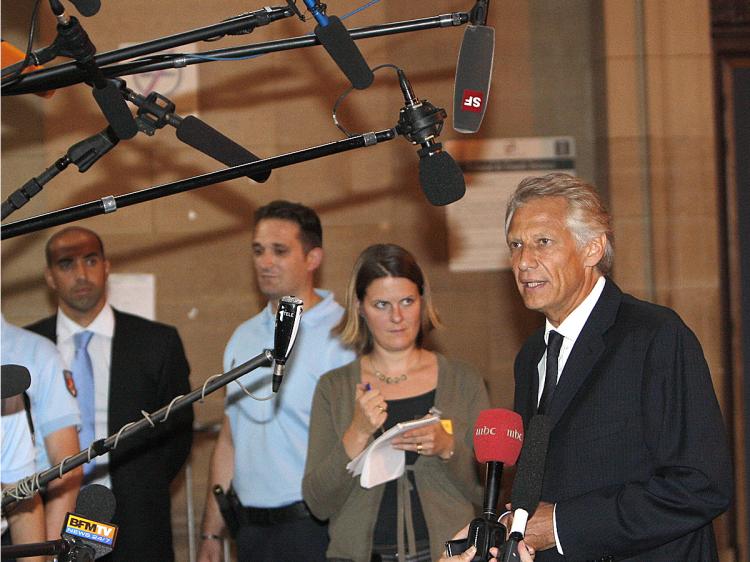Former prime minister Dominique de Villepin addresses the press as he arrives for the opening of the so-called 'Clearstream affair' trial, on September 21, 2009 at the Paris courthouse. (Patrick Kovarik/AFP/Getty Images) Former prime minister Dominique de Villepin addresses the press as he arrives for the opening of the so-called 'Clearstream affair' trial, on September 21, 2009 at the Paris courthouse. (Patrick Kovarik/AFP/Getty Images)