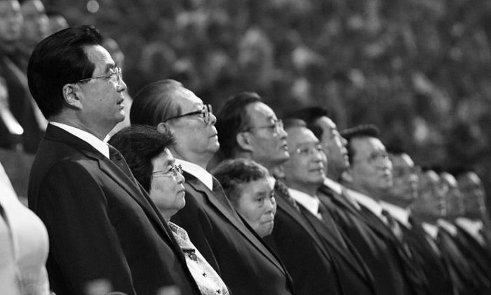Jiang Zemin (third from left), former supreme leader of the Chinese Communist Party (CCP), flanked by other top regime leaders and their wives, at the opening of the 2008 Beijing Paralympic Games. The Chinese internet is abuzz with rumors of Jiang's death. (Liu Jin/AFP/Getty Images)