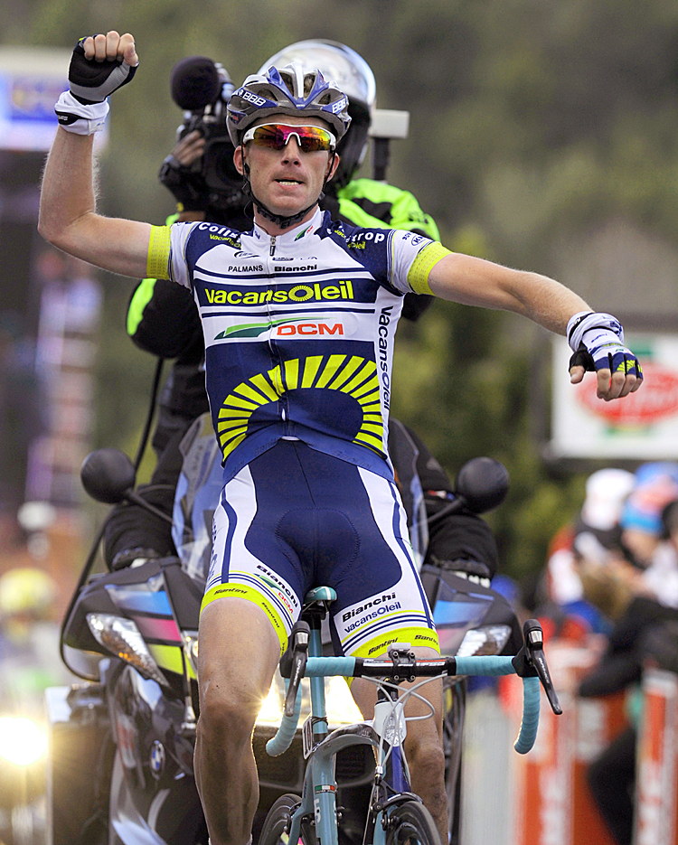 Netherland's Lieuwe Westra celebrates on Vacansoleil's Lieuwe Westra punches the air with pride as he crosses the line to win Stage Five of the Paris-Nice cycling race. (Pascal Pavani/AFP/Getty Images)