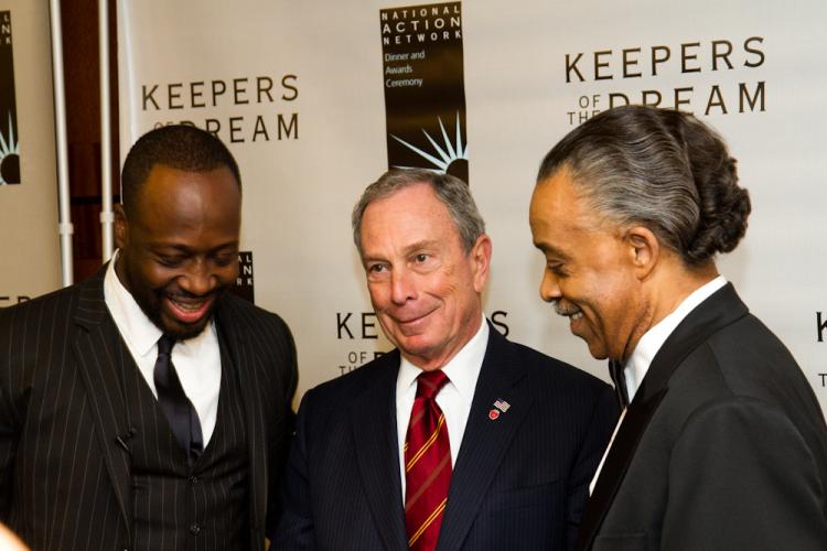 Wyclef Jean, Michael Bloomberg, and Rev. Al Sharpton share a laugh at the Red Carpet event of the National Action Network 'Keepers of the Dream Awards' on April 15, 2010. (Jan Jekielek/The Epoch Times)