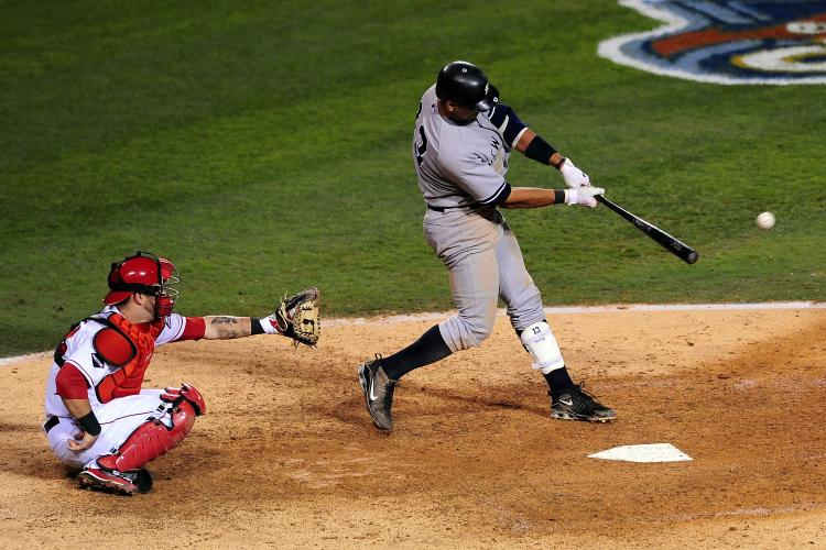Alex Rodriguez #13 of the New York Yankees hits a double to left field during the ninth inning in Game Four of the ALCS against the Los Angeles Angels of Anaheim during the 2009 MLB Playoffs at Angel Stadium on October 20, 2009 in Anaheim, California. (Jacob de Golish/Getty Images) Alex Rodriguez #13 of the New York Yankees hits a double to left field during the ninth inning in Game Four of the ALCS against the Los Angeles Angels of Anaheim during the 2009 MLB Playoffs at Angel Stadium on October 20, 2009 in Anaheim, California. (Jacob de Golish/Getty Images)