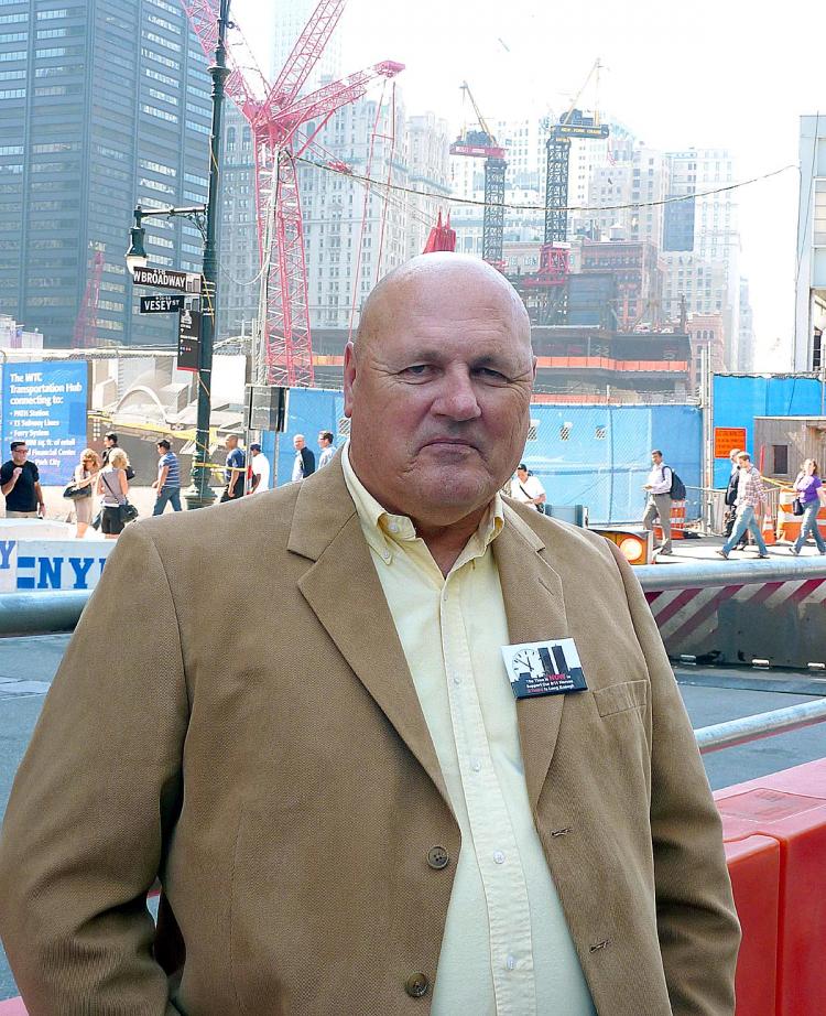 JUSTICE ON THE HORIZON: Joseph Zadroga, father of NYPD Detective James Zadroga, stands in front of the World Trade Center construction site on Sept. 8. James Zadroga inspired a first responders' compensation bill named in his honor, after his rescue efforts at the site led to respiratory ailments and his subsequent death four years later. (Andrea Hayley/The Epoch Times) JUSTICE ON THE HORIZON: Joseph Zadroga, father of NYPD Detective James Zadroga, stands in front of the World Trade Center construction site on Sept. 8. James Zadroga inspired a first responders' compensation bill named in his honor, after his rescue efforts at the site led to respiratory ailments and his subsequent death four years later. (Andrea Hayley/The Epoch Times)