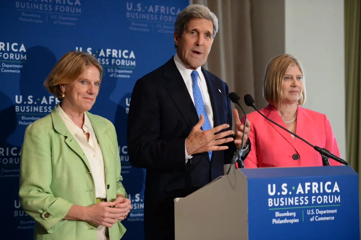 Secretary of State John Kerry, with U.S. Trade and Development Agency (USTDA) Director Leocadia Zak (R) and Overseas Private Investment Corporation (OPIC) CEO Elizabeth Littlefield, speaks at a press conference on Aug. 5, 2014, during the U.S.-Africa Leaders Summit in Washington, D.C. (Jim Watson/AFP/Getty Images)