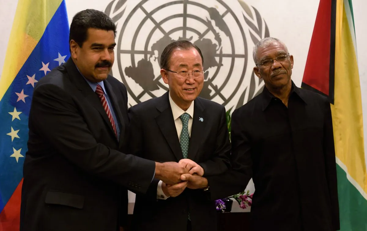 U.N. Secretary General Ban Ki-moon (C) meets with Venezuelan President Nicolás Maduro (L) and Guyana's President David Arthur Granger at the United Nations in New York on Sept. 27, 2015. (Don Emmert/AFP/Getty Images)