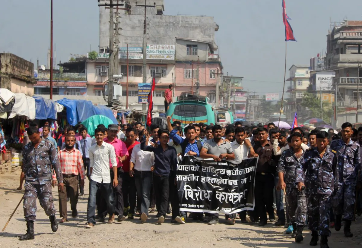 Nepalese student union activists take part in a protest against India at Kakarbhitta on the eastern Nepalese border with India on Sept. 30, 2015. (DIPTENDU DUTTA/AFP/Getty Images)