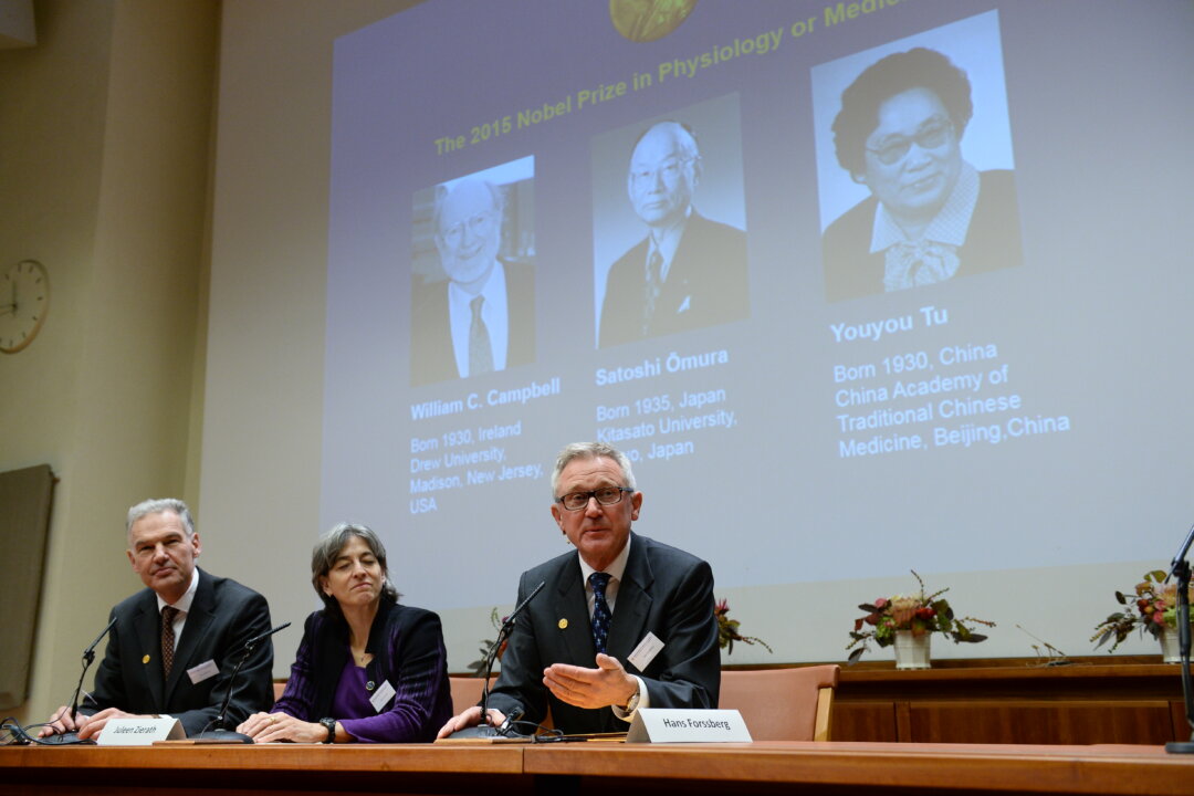 Jan Andersson, Juleen Zierath and Hans Forssberg, members of the Karolinska Institute Nobel committee, talk to media at a press conference in Stockholm, Monday Oct. 5, 2015. (Fredrik Sandberg/TT via AP)