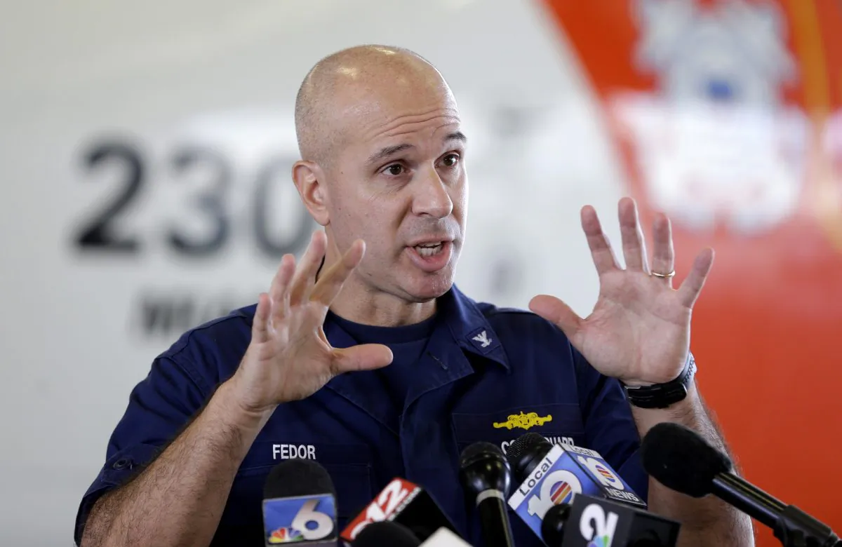 Capt. Mark Fedor, chief of response for the Coast Guard 7th District, talks to reporters during a news conference, Monday, Oct. 5, 2015, at the Opa-locka Airport in Opa-locka, Fla. (AP Photo/Alan Diaz)