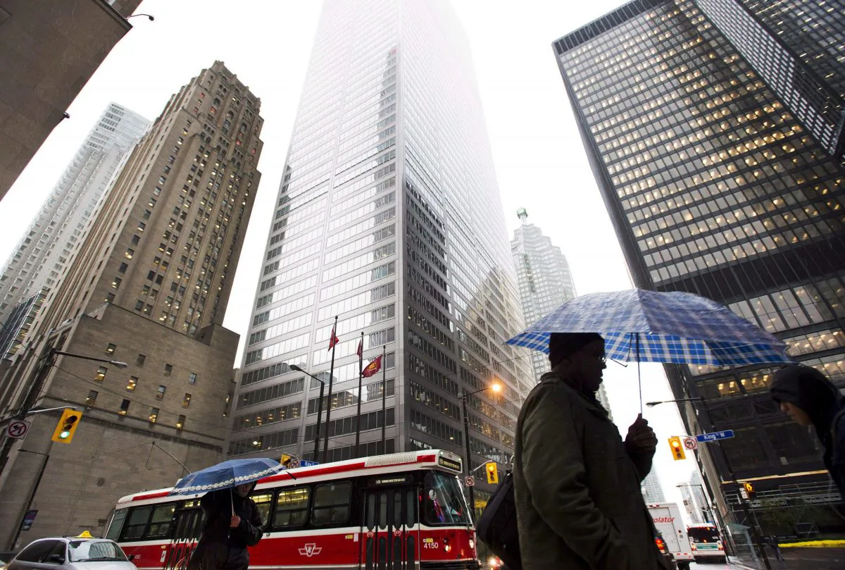 A view of Toronto’s financial district, home of the big Canadian banks, which should be able to expand internationally with greater ease due to the TPP. (The Canadian Press/Nathan Denette)
