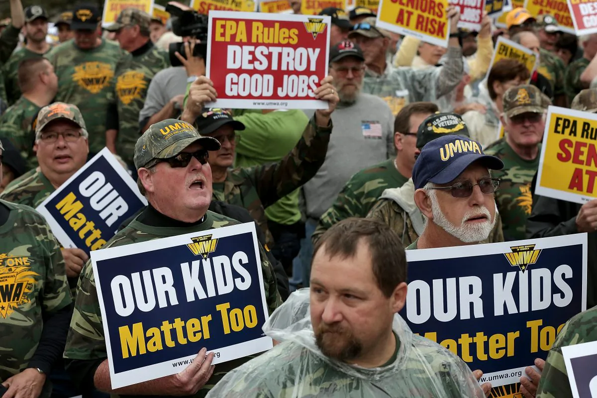 Members of the United Mine Workers of America rally outside of the headquarters of the Environmental Protection Agency in Washington, D.C., on Oct. 7, 2014. The rally was held to protest regulations proposed by the Environmental Protection Agency (EPA) that could impact the nation's coal industry and coal-related jobs. (Win McNamee/Getty Images)