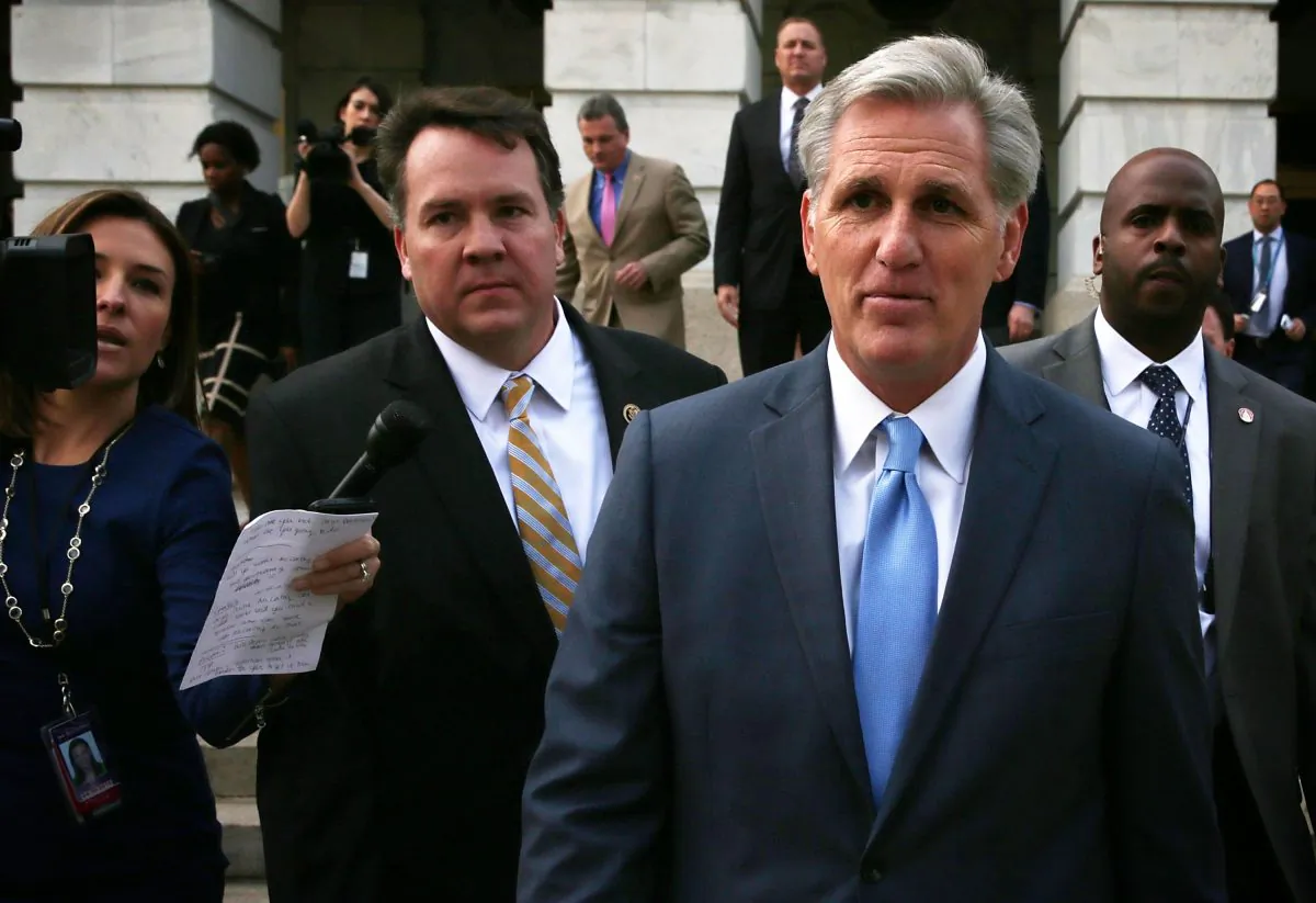 U.S. House Majority Leader Rep. Kevin McCarthy (R-CA) (3rd R) leaves after a closed House Republican election meeting to pick the next GOP House Speaker nominee on Capitol Hill, on October 8, 2015. (Alex Wong/Getty Images)