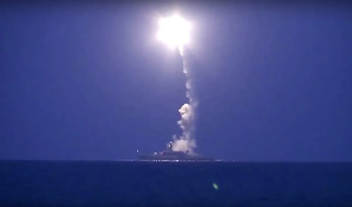 A Russian navy ship launches a cruise missile in the Caspian Sea on Oct. 7, 2015. (Russian Defense Ministry Press Service via AP)