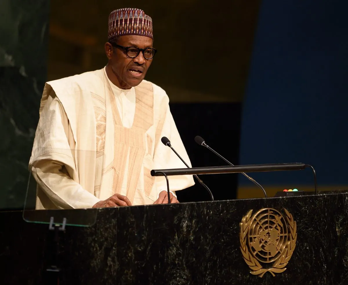 Nigerian President Muhammadu Buhari addresses the 70th session of the United Nations General Assembly at the U.N. Headquarters in New York on Sept. 28, 2015. (Don Emmert/AFP/Getty Images)