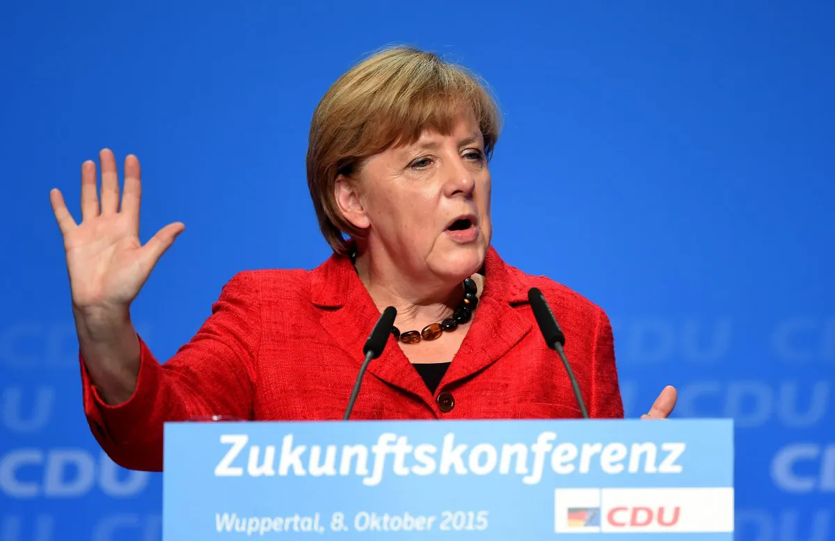 German Chancellor Angela Merkel addresses the "Future-conference" event of the Christian Democratic Union (CDU) party in Wuppertal, western Germany, on Oct. 8, 2015. (Patrik Stollarz/AFP/Getty Images)