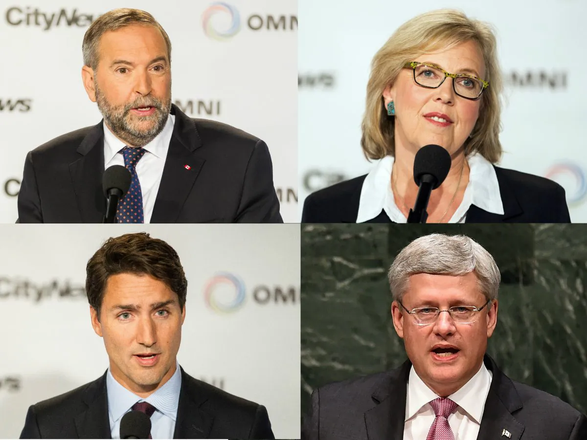 NDP leader Thomas Mulcair (Top L), Green Party leader Elizabeth May (Top R), and Liberal leader Justin Trudeau (Bottom L) at a press conference in Toronto, on Aug. 6, 2015. (Geoff Robins/AFP/Getty Images) Canada's Prime Minister and Conservative candidate Stephen Harper (Bottom R) at the 69th session of the U.N. General Assembly in New York on Sept. 25, 2014. (Jewel Samad/AFP/Getty Images)