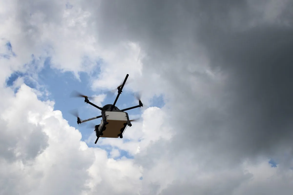 Geopost drone flying in Pourrieres, southeastern France, during a presentation of a prototype of a package delivery drone, on This picture taken on September 28, 2015.  (BORIS HORVAT/AFP/Getty Images)