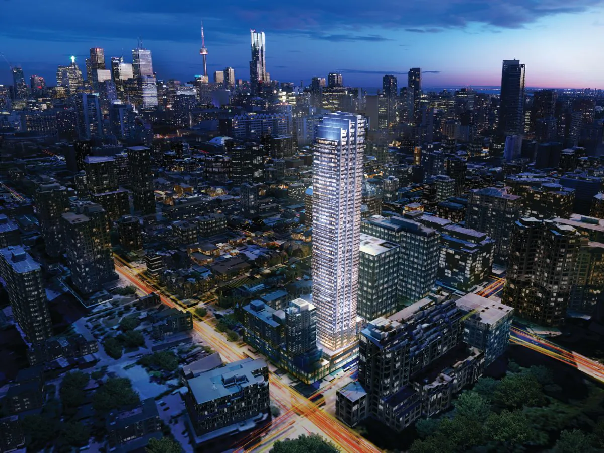 Rendering of The Rosedale on Bloor, which will have 476 units as well as a fitness centre, pool and yoga room, theatre room, lounge, and a rooftop terrace connected to an indoor kitchen with dining room. (Courtesy of Gupta Group)