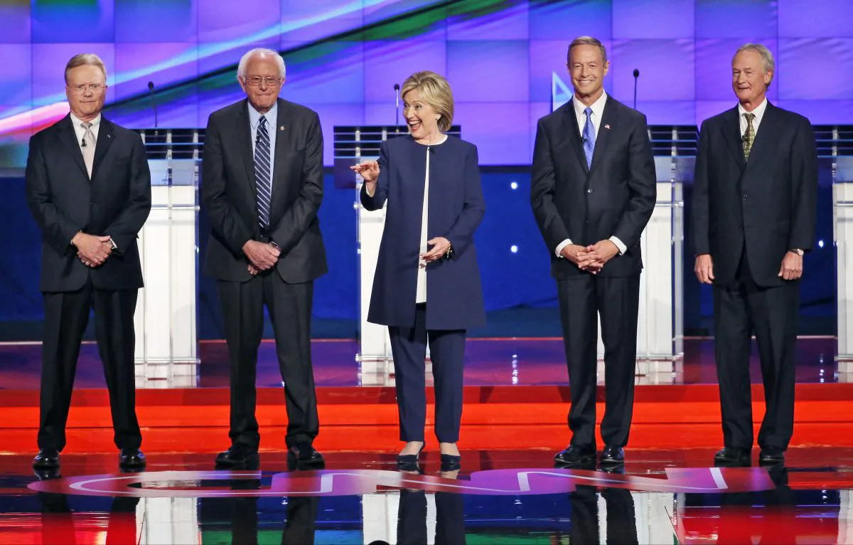 Democratic presidential candidates (L-R), former Virginia Sen. Jim Webb, Sen. Bernie Sanders of Vermont, Hillary Rodham Clinton, former Maryland Gov. Martin O'Malley, and former Rhode Island Gov. Lincoln Chafee on stage before the CNN Democratic presidential debate in Las Vegas on Oct. 13, 2015. (AP Photo/John Locher)
