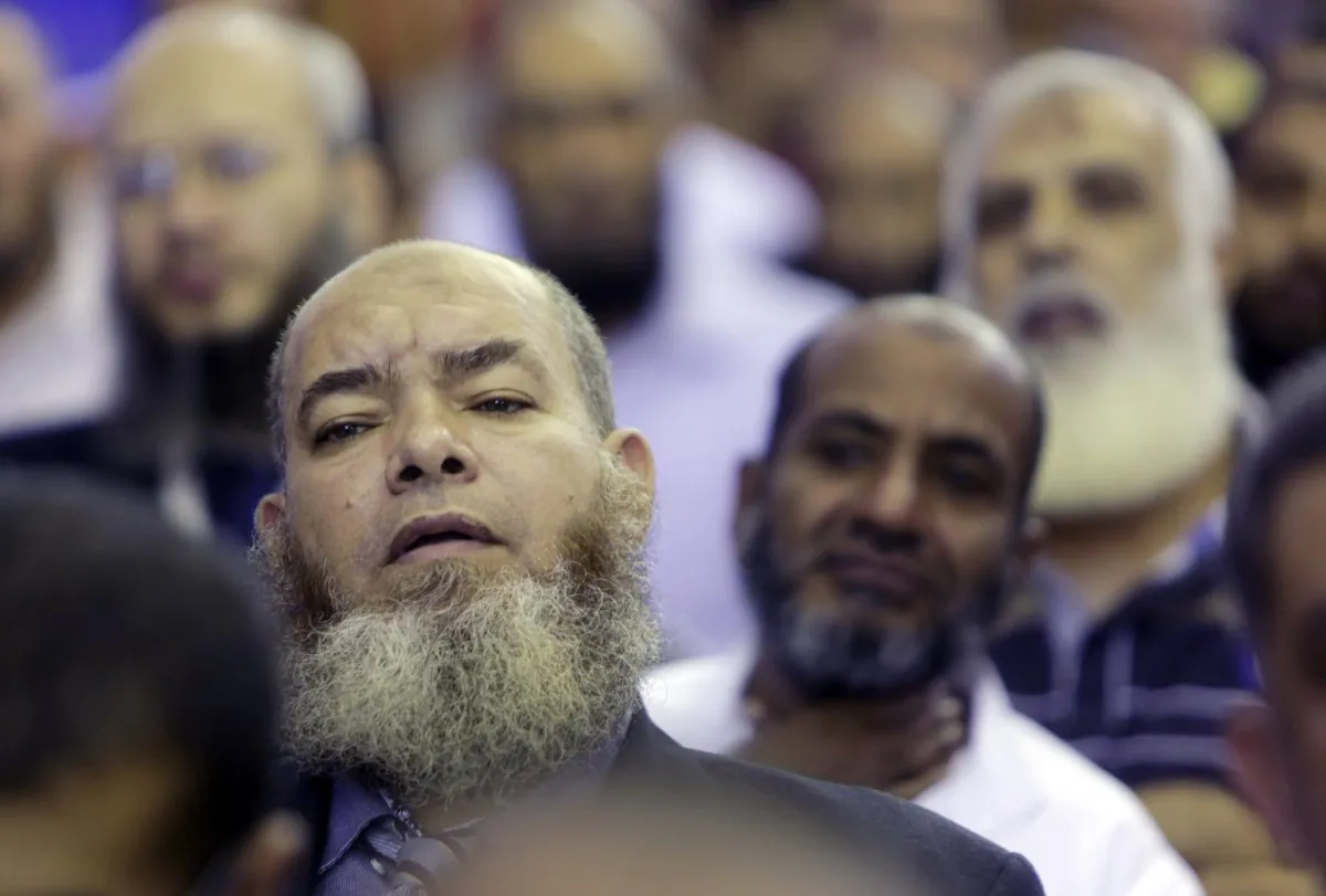 In this Wednesday, Oct. 14, 2015 photo, Salafi supporters attend a campaign rally  for parliamentary candidates of the Al-Nour Party,  in Alexandria, Egypt. (AP Photo/Amr Nabil)