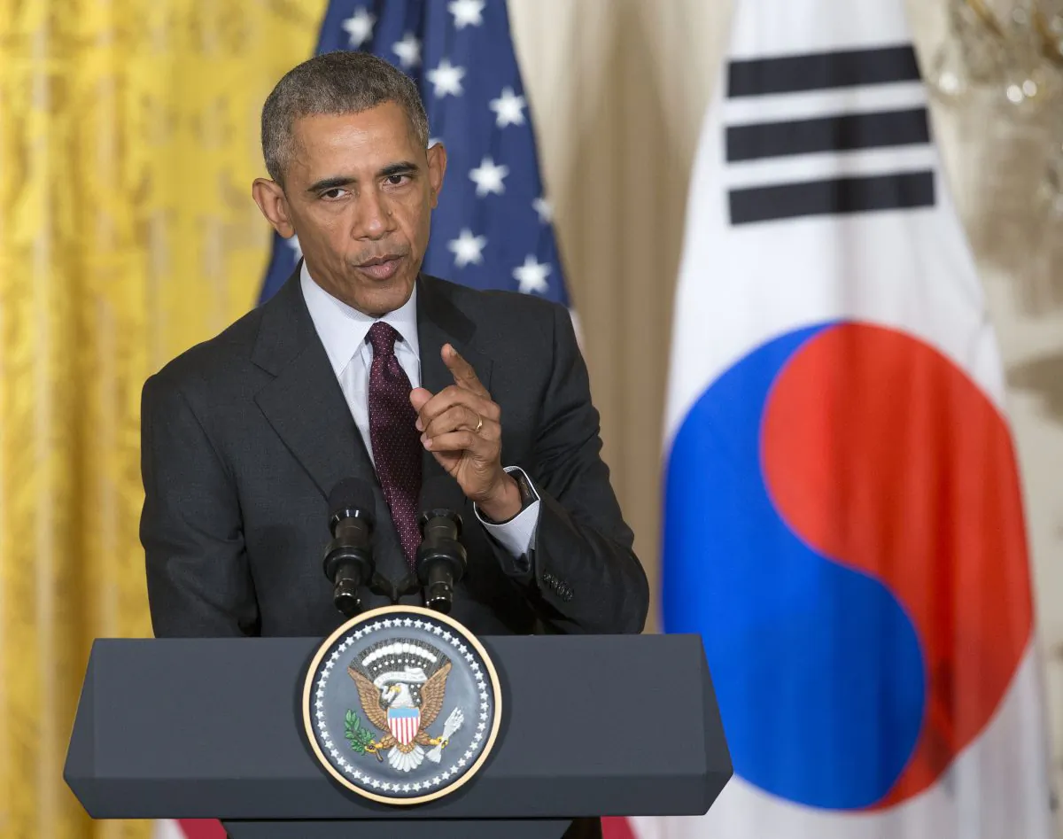 President Barack Obama gestures while answering questions during a joint news conference with South Korean President Park Geun-hye in the East Room of the White House in Washington, D.C., on Oct. 16, 2015. (AP Photo/Pablo Martinez Monsivais)