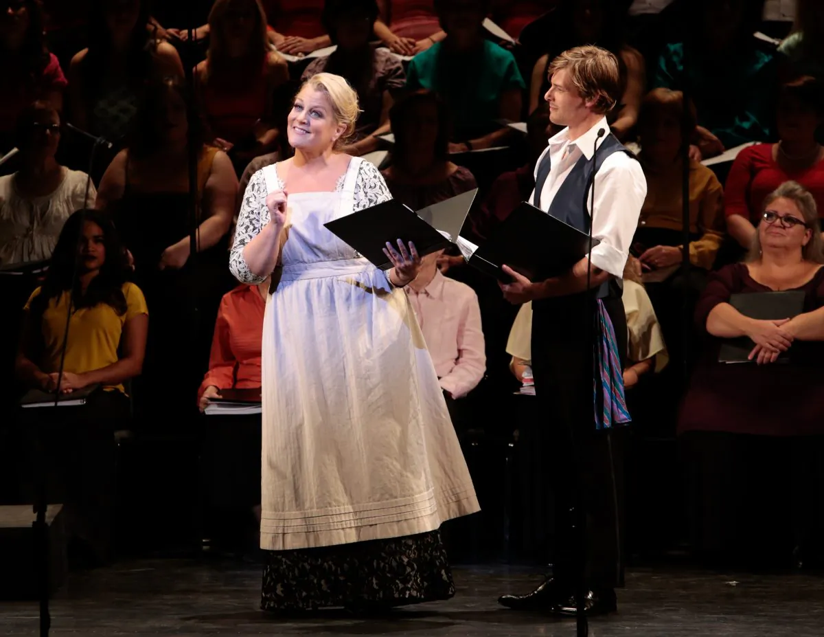 Opera star Deborah Voigt as Ruth and Hunter Parrish as Frederic in MasterVoices’s staged presentation of “Pirates of Penzance.” (Erin Baiano)