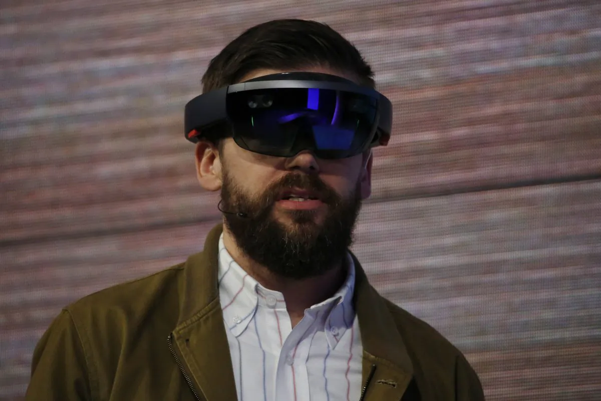 The Microsoft HoloLens augmented reality headset is demonstrated on stage during the 2015 Microsoft Build Conference at Moscone Center in San Francisco, Calif., on April 29, 2015. (Stephen Lam/Getty Images)