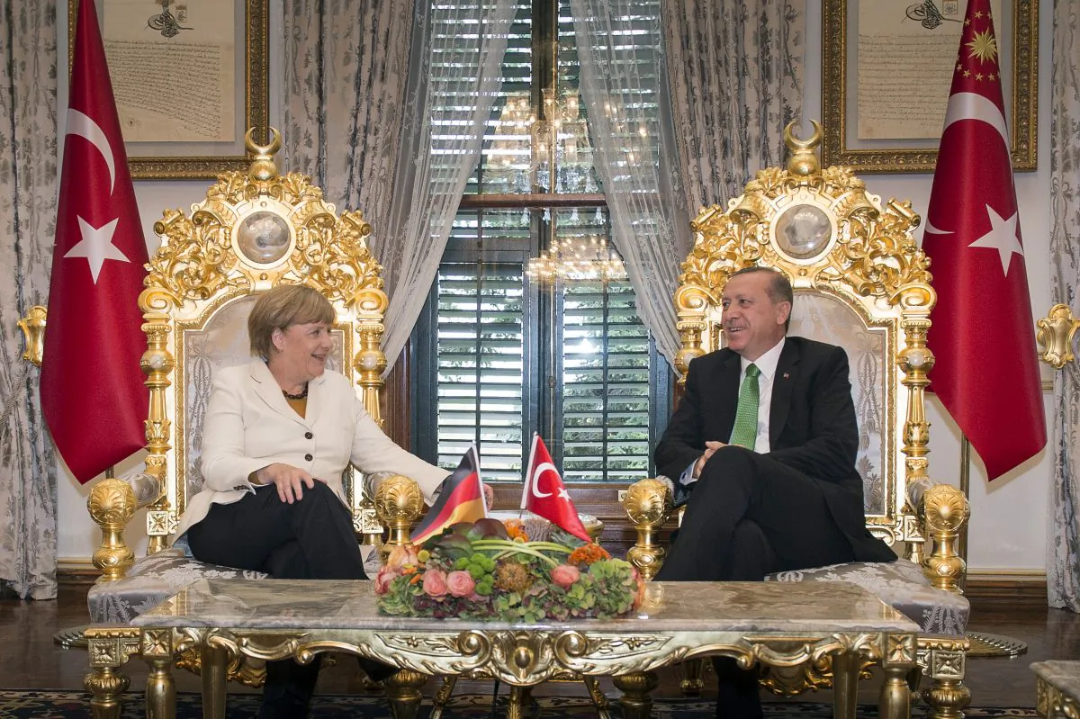 German Chancellor Angela Merkel and Turkish President Recep Tayyip Erdogan at a meeting at the Yildiz Palace in Istanbul, Turkey, on Oct. 18, 2015. (Guido Bergmann/Bundesregierung via Getty Images)