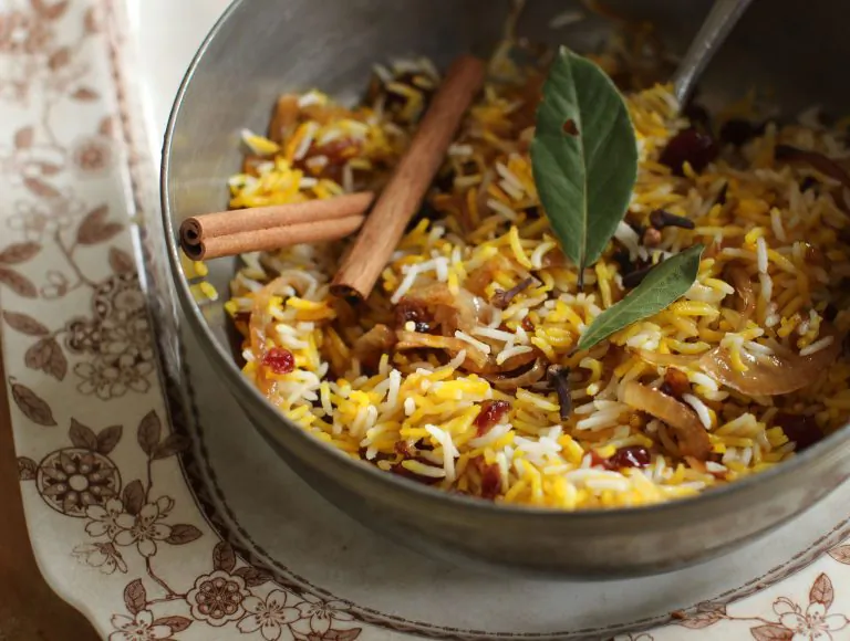 This September 28, 2015 photo shows berry pilaf in Concord, NH. Author Madhur Jaffrey's newest book, “Vegetarian India: A Journey Through the Best of Indian Home Cooking,” will be released in October. (AP Photo/Matthew Mead)