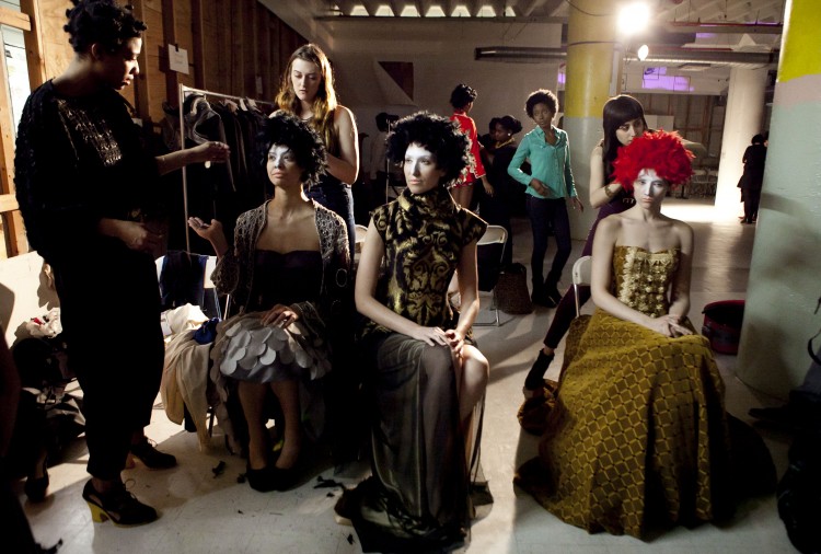Models of the famed eco-art designer Luis Valenzuela before the start of the show. (Samira Bouaou/The Epoch Times)