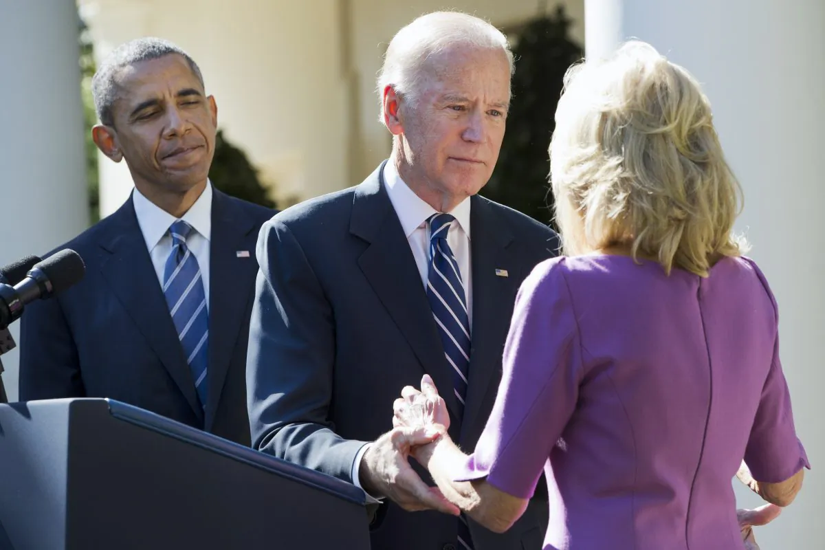 President Barack Obama watches as Vice President Joe Biden turns to his wife Dr. Jill Biden after announcing that he will not run for the presidential nomination, in Washington, on Wednesday, Oct. 21, 2015. (AP Photo/Jacquelyn Martin)