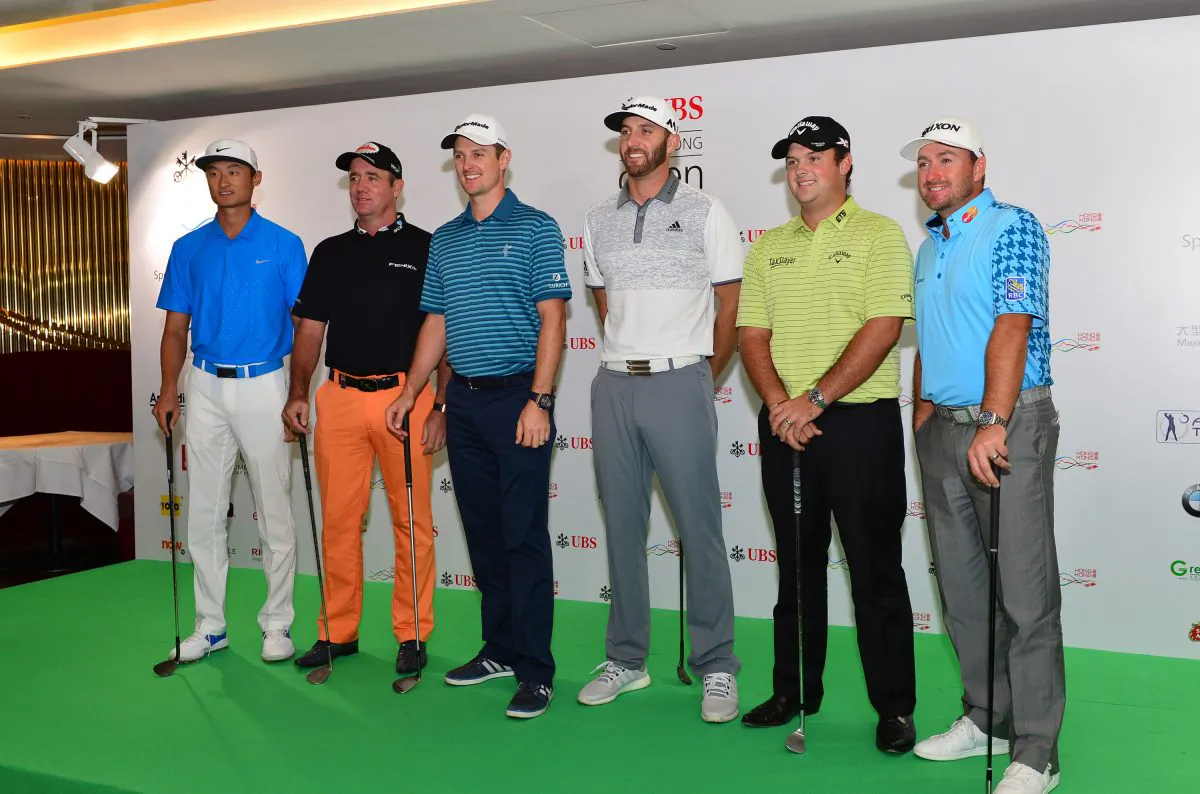 Six of the world’s best players meet the press in Central Hong Kong on Tuesday Oct 20 just 2-days before the start of the UBS Hong Kong Open 2015.
(L – R) Li Hao Tong (China), defending champion Scott Hend (Australia), Justin Rose (England) Dustin Johnson (America), Patrick Reed (America) and Graeme McDowell of Northern Ireland. (Bill Cox/Epoch Times)