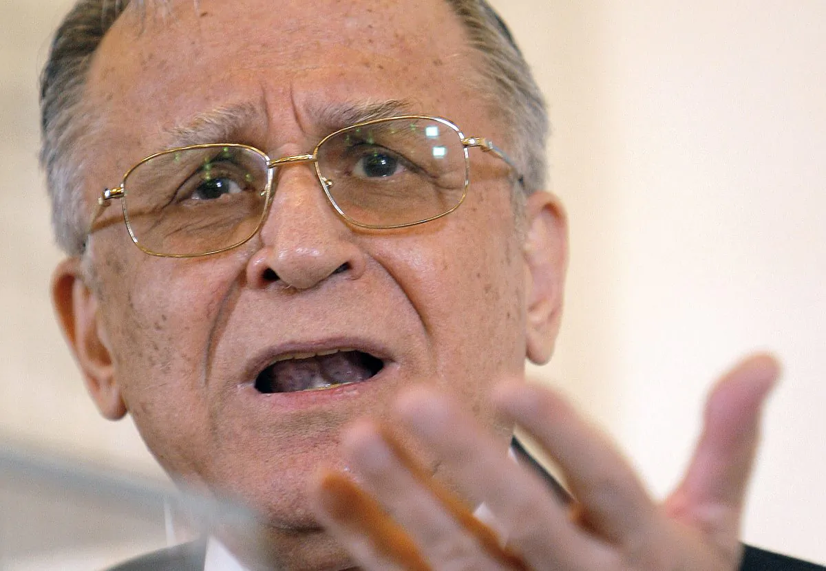 In this Thursday, May 17, 2007 file photo, former Romanian President Ion Iliescu gestures during a meeting with foreign media in Bucharest, Romania. (AP Photo/Vadim Ghirda)