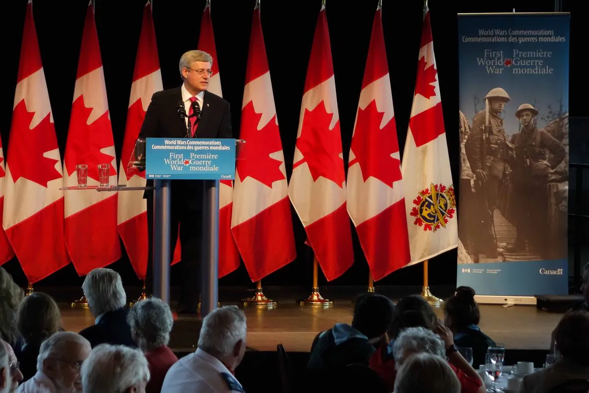 Canadian Prime Minister Stephen Harper speaks of Canada's sacrifice during the First World War during an event Aug. 4, 2014, at the National War Museum in Ottawa marking 100 years since Canada joined the war. (Matthew Little/Epoch Times)