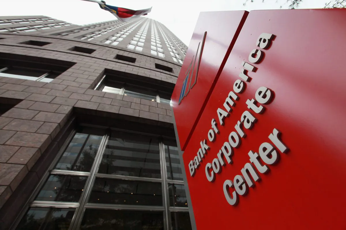 A sign marks the location of the Bank of America Corporate Center, which houses the corporate headquarters for Bank of America, in Charlotte, N.C., on July 11, 2012. (Scott Olson/Getty Images)