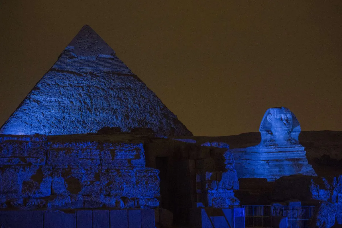 The Great Pyramids and Sphinx in Giza, south of Cairo, are lit up in blue as part of the 'Turn the World U.N. Blue' global campaign to celebrate the 70th anniversary of the United Nations, on Oct. 24, 2015. (Khaled Desouki/AFP/Getty Images)