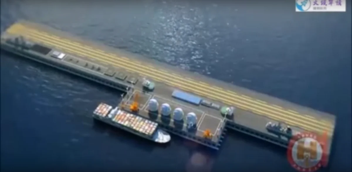 A concept for a “Very Large Floating Structure” mobile sea base is shown in a Chinese promotional video, which was posted online by naval defense industry magazine, Navy Recognition. The mobile base project was recently unveiled at the National Defense Science and Technology Achievements exhibition in Beijing. (YouTube screenshot)