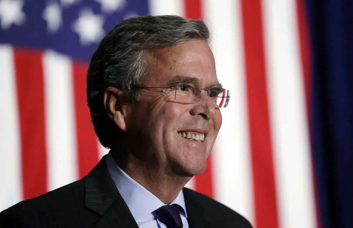 In this Oct. 6, 2015, file photo, Republican presidential candidate former Florida Gov. Jeb Bush reacts to a supporter during the Scott County Republican Party's Ronald Reagan Dinner in Davenport, Iowa. (AP Photo/Charlie Neibergall)