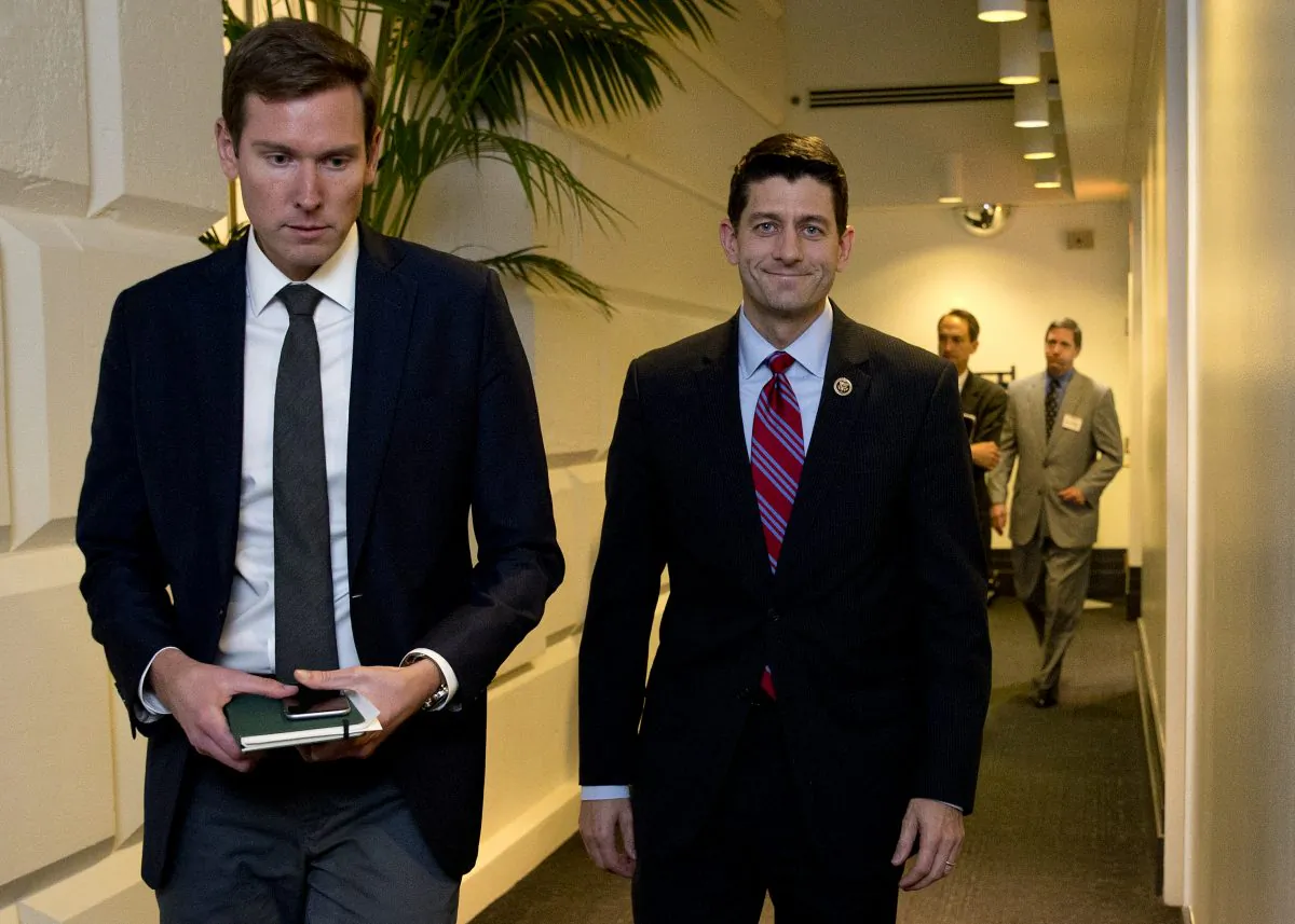 Rep. Paul Ryan (R-Wis.) (R) walks from a meeting on Capitol Hill in Washington, D.C., on Oct. 26, 2015. (AP Photo/Carolyn Kaster)