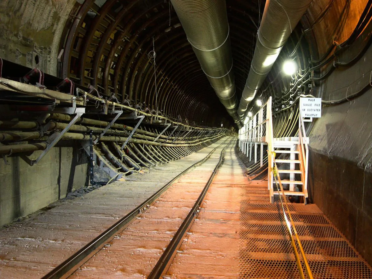 A rail tunnel descending into the Yucca Mountain nuclear waste repository located in Nye County, Nevada, on Feb. 22 2004. (MAXIM KNIAZKOV/AFP/Getty Images)