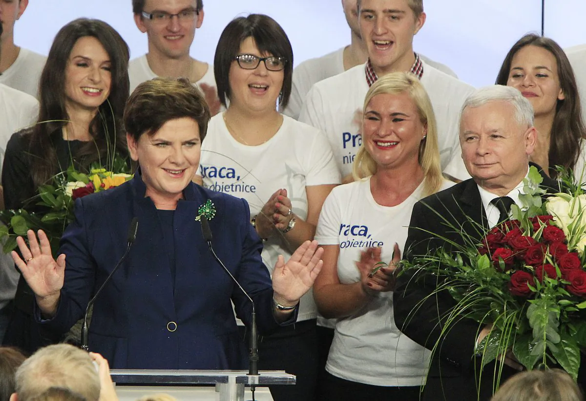 Conservative Law and Justice leader Jaroslaw Kaczynski  and Justice candidate for the Prime Minister Beata Szydlo, left, deliver speeches at the party's headquarters in Warsaw, Poland, on Sunday, Oct. 25, 2015. (AP Photo/Czarek Sokolowski)