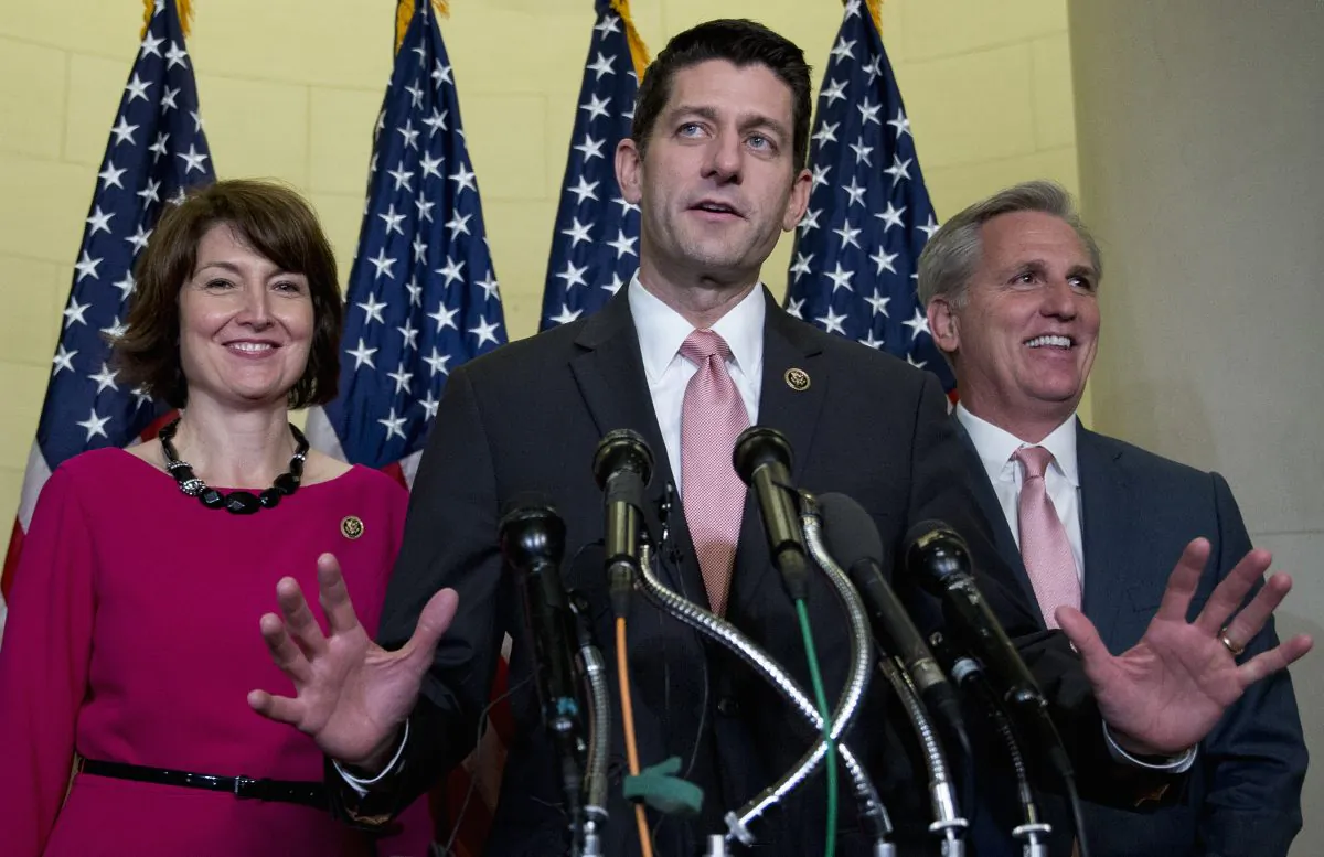 Rep. Paul Ryan (R-Wis.), flanked by Rep. Cathy McMorris Rodgers (R-Wash.) (L) and House Majority Leader Kevin McCarthy of Calif., speaks during a news conference on Capitol Hill in Washington, Wednesday, Oct. 28, 2015, after a Special GOP Leadership Election. Republicans in the House of Representatives have nominated Ryan to become the chamber's next speaker, hoping he can lead them out of weeks of disarray and point them toward accomplishments they can highlight in next year's elections. (AP Photo/Carolyn Kaster)