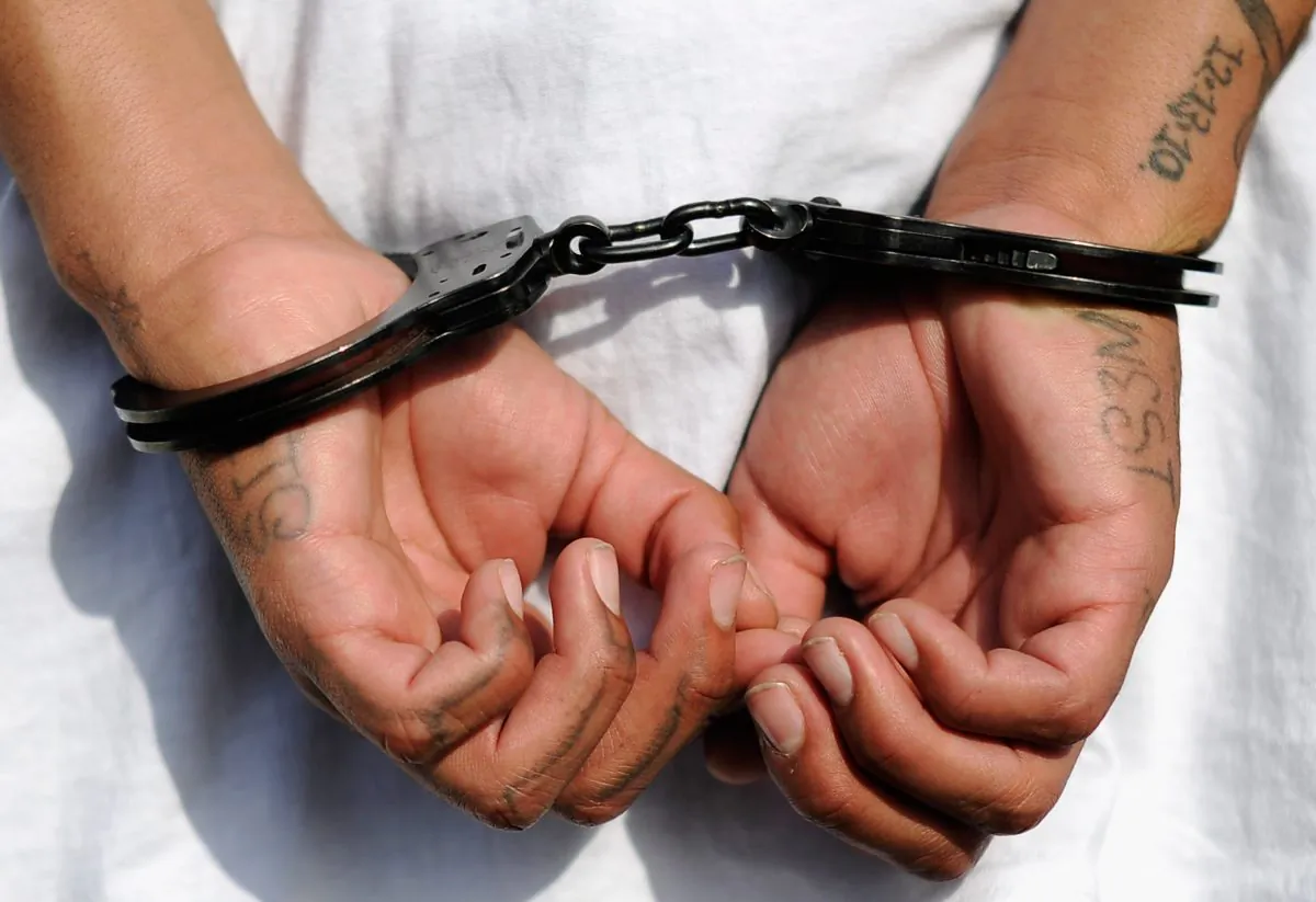 A gang member is handcuffed and arrested by LAPD officers in Los Angeles in a file photo. (Kevork Djansezian/Getty Images)